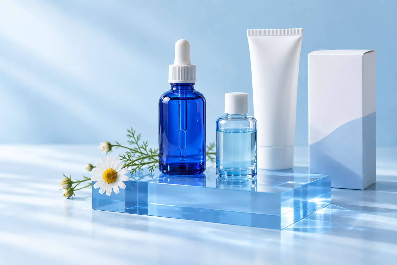Blaue Apothekerflaschen, Pflegeverpackungen und eine Kamillenblüte – illustrative Bildwelt