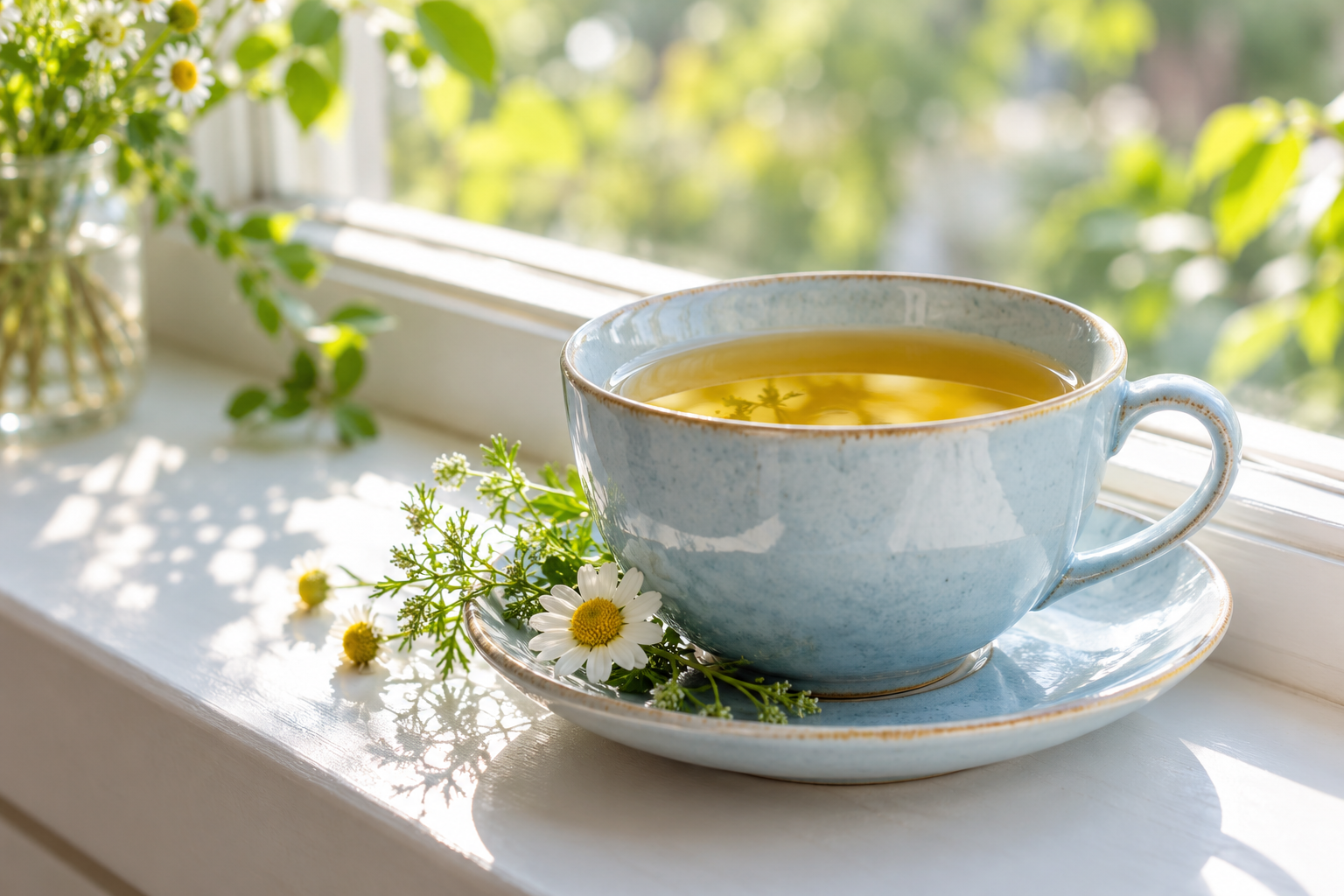 Eine Tasse Kräutertee im Morgenlicht – illustrative Fotografie